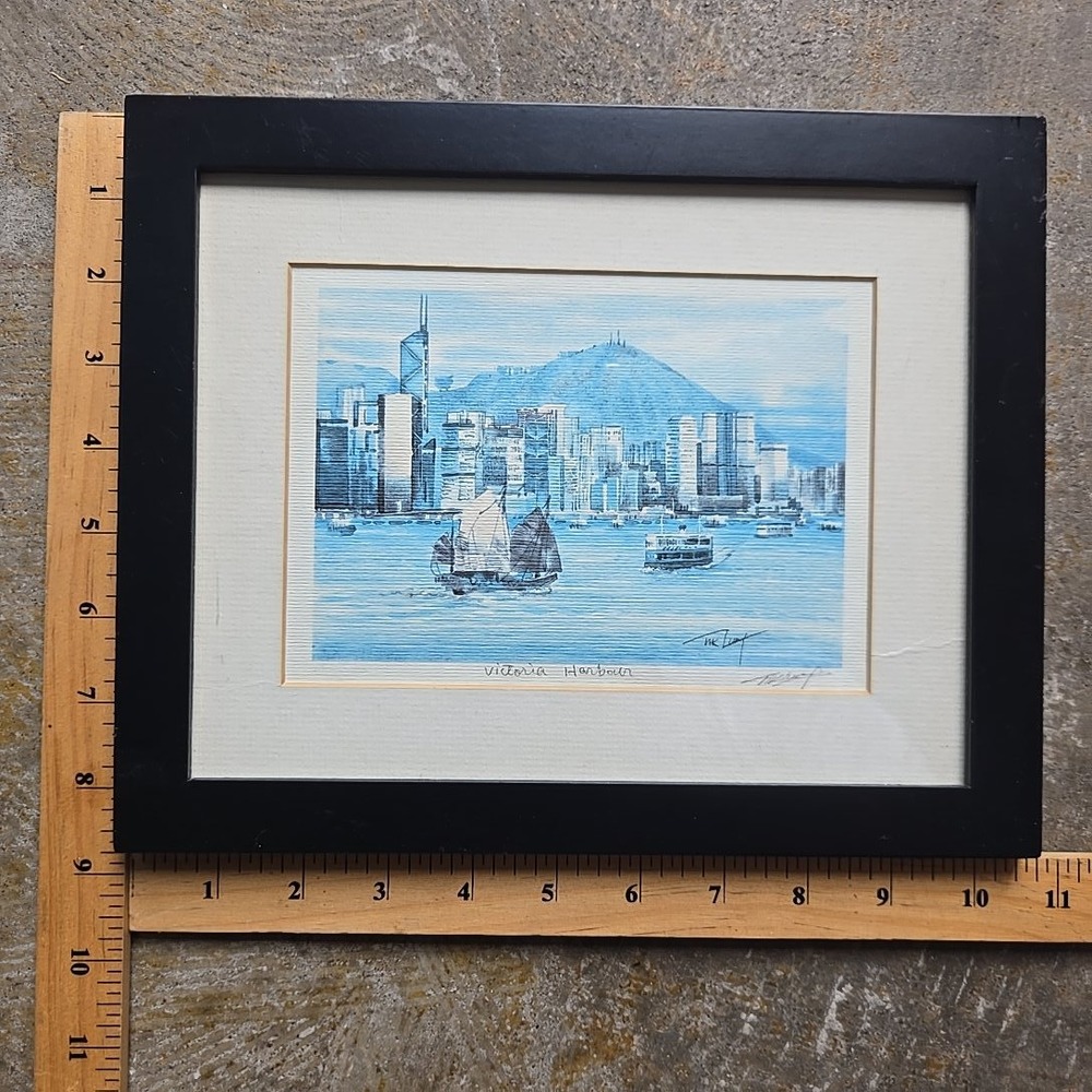 VTG Tik Ling Victoria Harbour Hong Kong Hand-Signed Artist Print 8x10 Framed Blu
